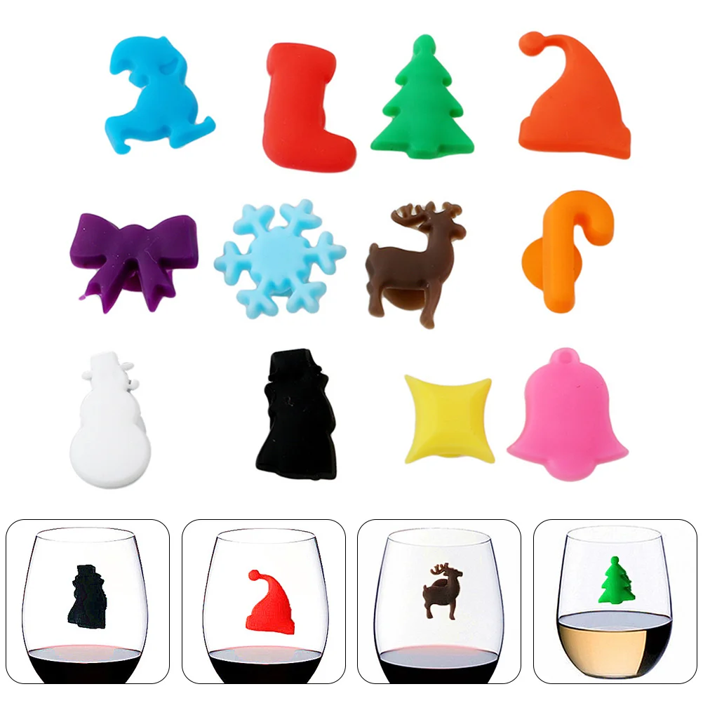 

12Pcs Christmas Elements Wine Glass Marker Premium Silicone Reusable Cup Identifier for Parties Bars Ktv Cocktail Wedding Kids