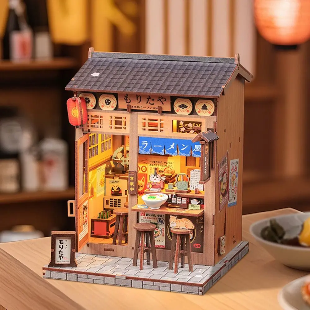 Crianças brinquedos de madeira diy casa de boneca brinquedo decoração cidade andando série 3d ramen restaurante kit casa modelo brinquedo presentes aniversário