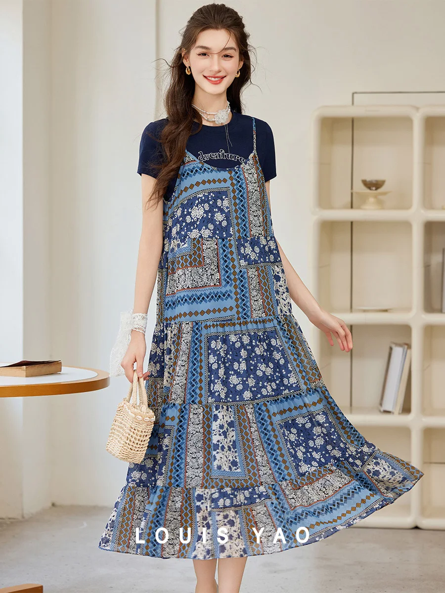 

LOUIS YAO 2025 Summer Shuttle Printed Dress New Fashionable Non Elastic Bohemian Style Strap Women's Dress(Excluding T-shirts)