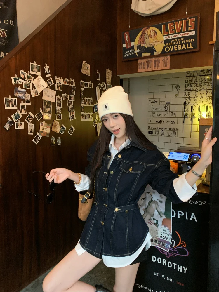 

Denim Coats Jacket For Women Womens Spring Snap Button Standneck Slim-Fit O-Neck Minimalism Raglan Gentle Patchwork Layered Chic