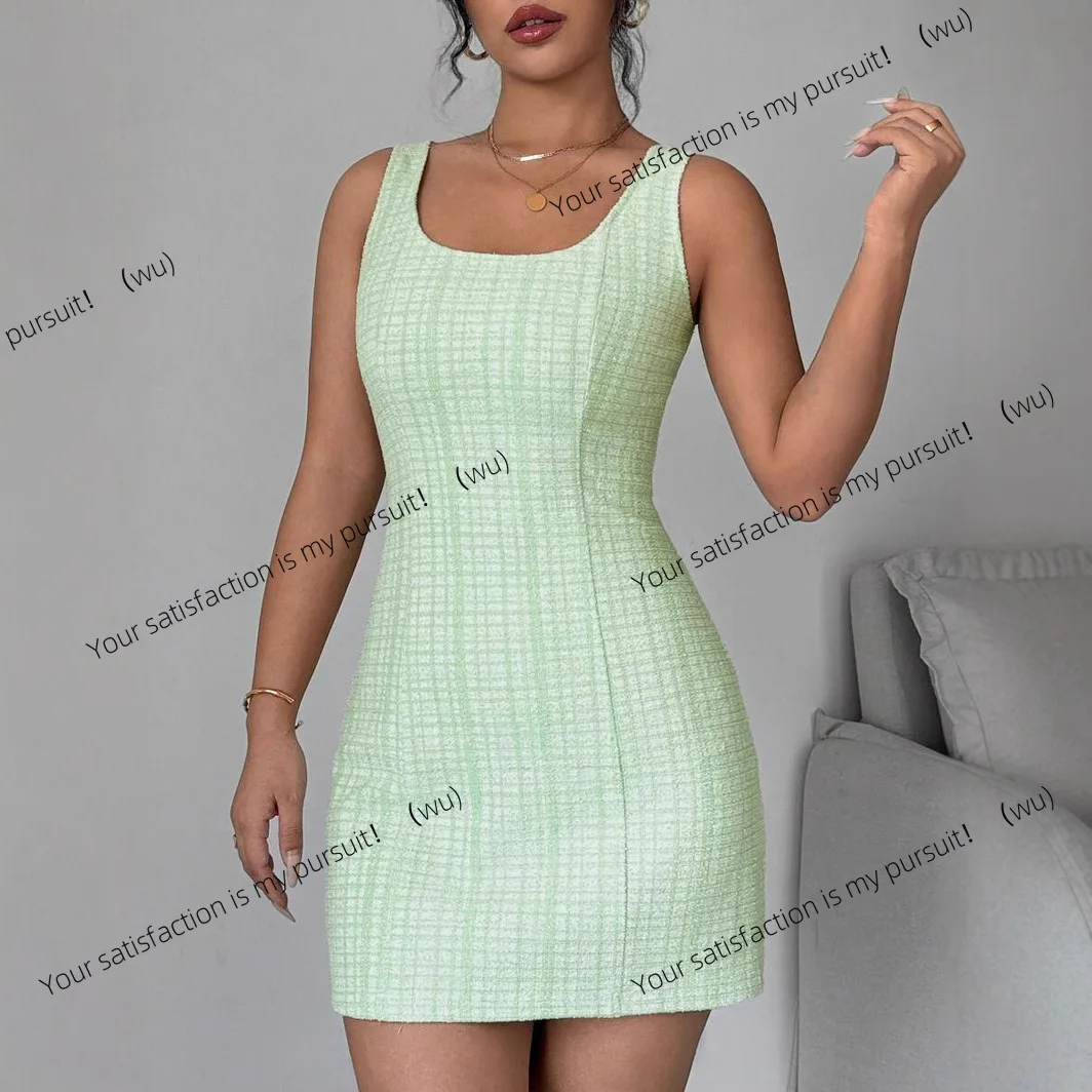 欧米風セクシーなスパイスガールズ風スリムフィットUネックリアジッパースリーブレスチェック柄ワンピース