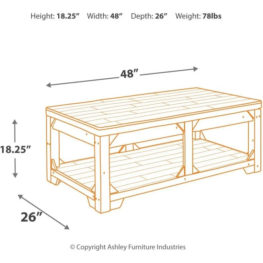 Fregine Farmhouse Mesa de centro rectangular con tapa elevable y estante de suelo, blanqueado con acabado desgastado