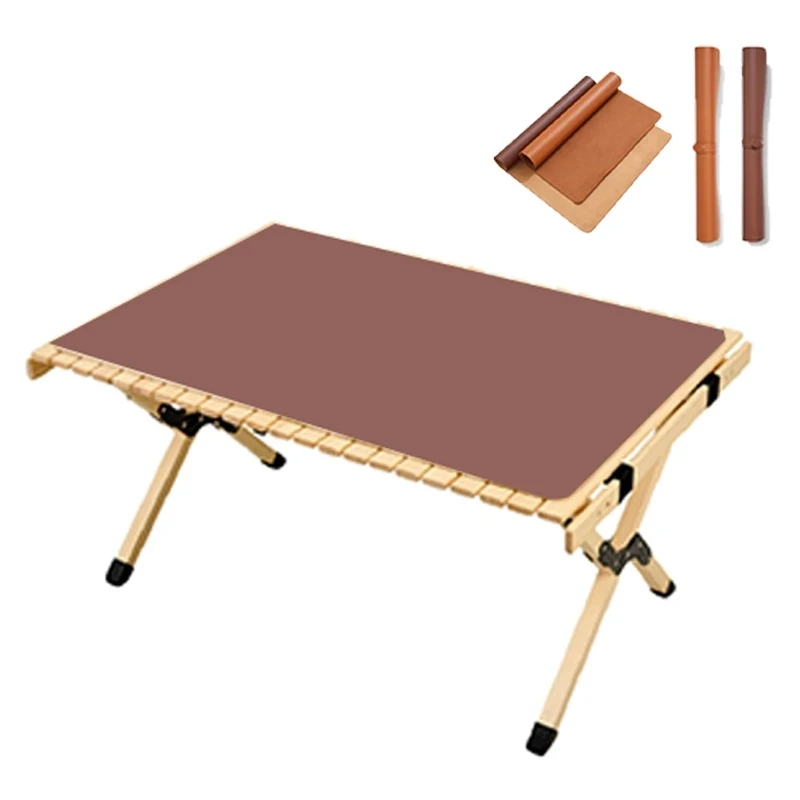 Table Mat Camping Wood Roll Table Mat 85 115 PU Leather Thicken Waterproof Heat-Resistant Wooden Desk Pad For Outdoor Picnic BBQ