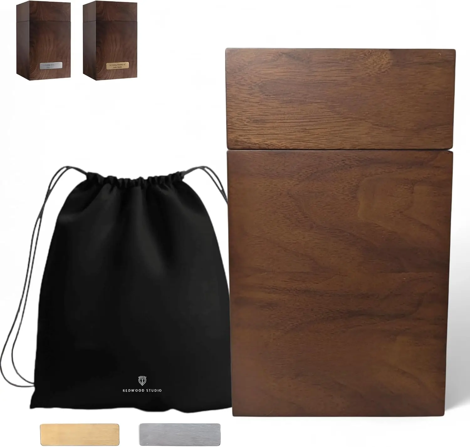 

Большая урна для праха ручной работы из орехового дерева, вместимость 200 фунтов, с мешком и гравировальными пластинами