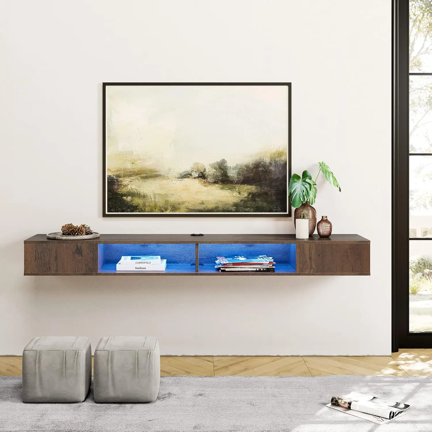 70 inch Floating TV Stand with Blue LED Light, Floating TV Media Shlef with Storage for Wall, for Living Room, Bedroom, Brown