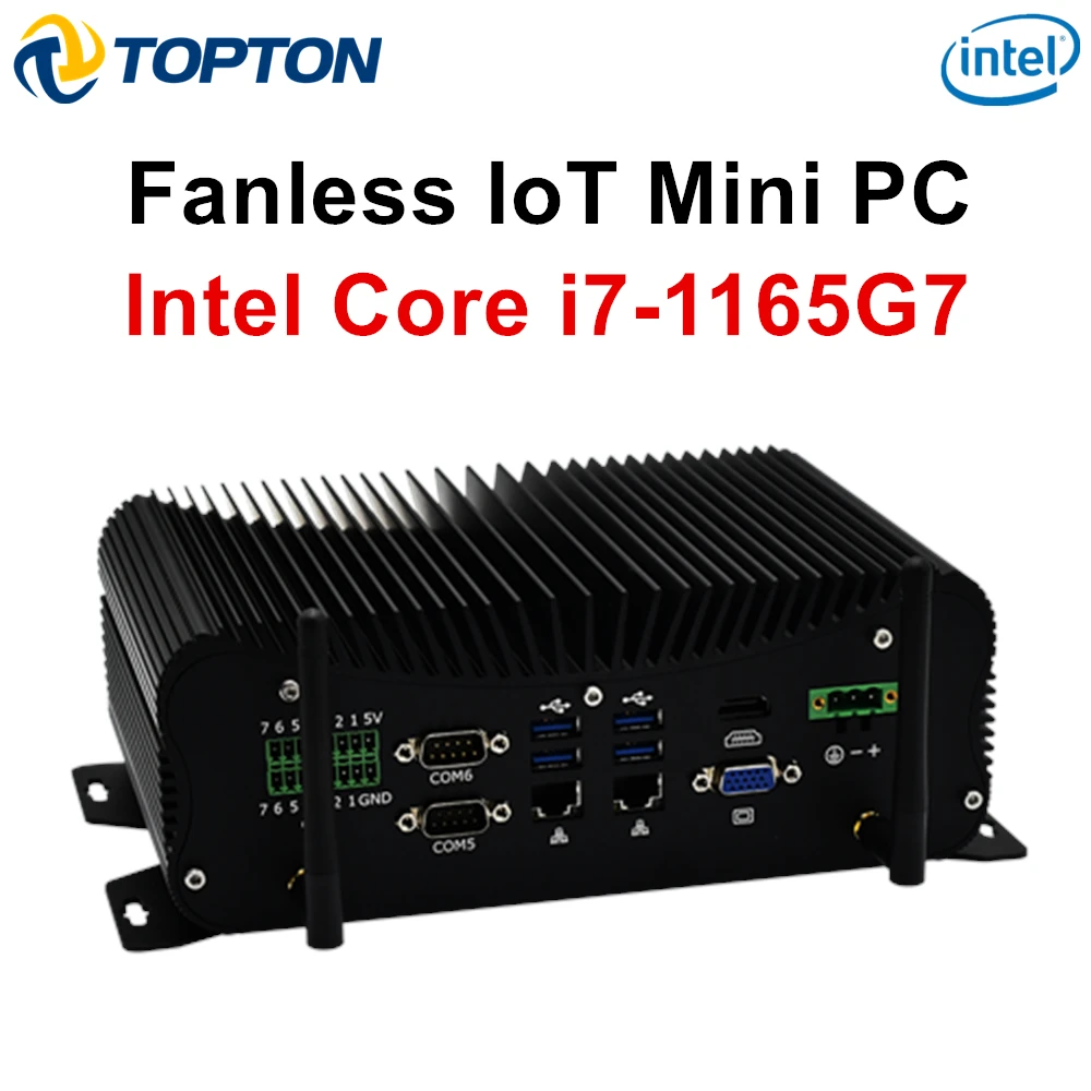 Topton 11th Gen Intel Industrial IoT PC Core i7 1165G7 Fanless Mini PC 2*2.5G LAN 6*COM 8*USB GPIO HDMI+VGA Rugged NAS Computer