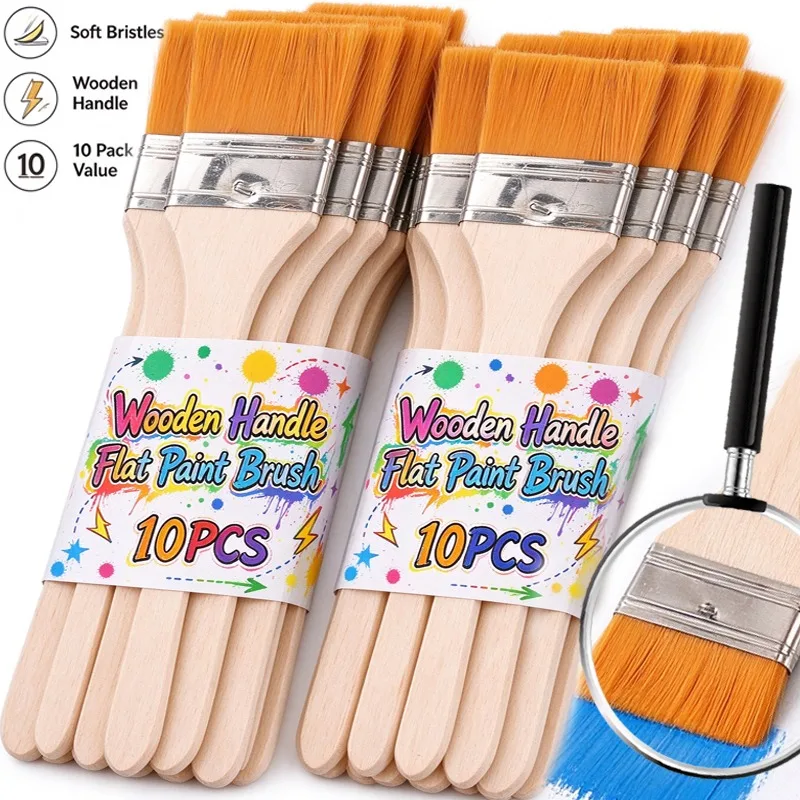 Wooden Handle Flat Paint Brush Watercolor Painting Brushes for Drawing Furniture Wall Door DIY Craft Paint Tool Glue Supplies