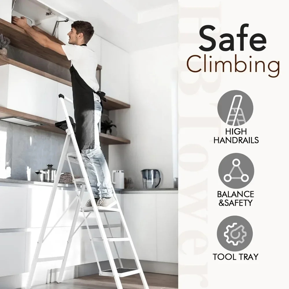 Step Ladder, 5 Step Ladder Folding Step Stool with Tool Platform, Portable Sturdy Steel Ladder for Adults Home Outdoor