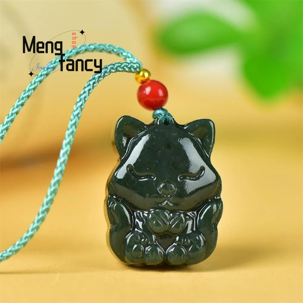 Natural Hetian Green Jade Lovely Kitten Pendant Mascot High-grade Exquisite Handicraft Fashion Jewelry Best Selling Holiday Gift