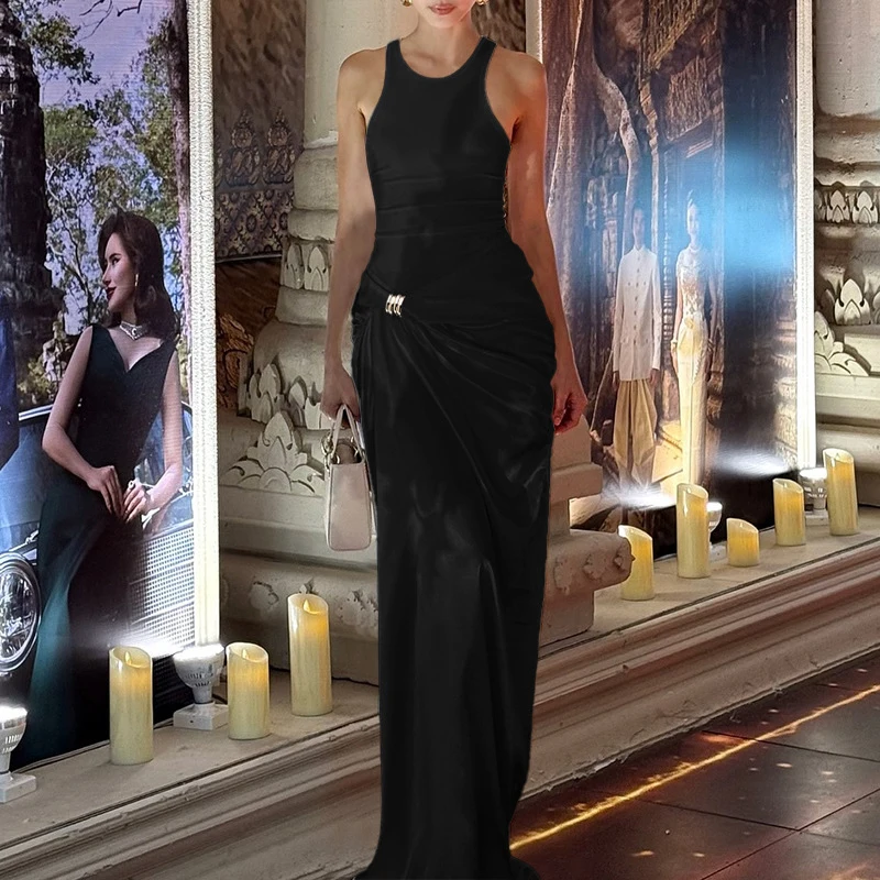 BKLD セクシーでエレガントなサテンパッチワークメタルリング装飾ノースリーブボディコンシャーリングイレギュラーマキシタンクドレス女性用パーティーウェア