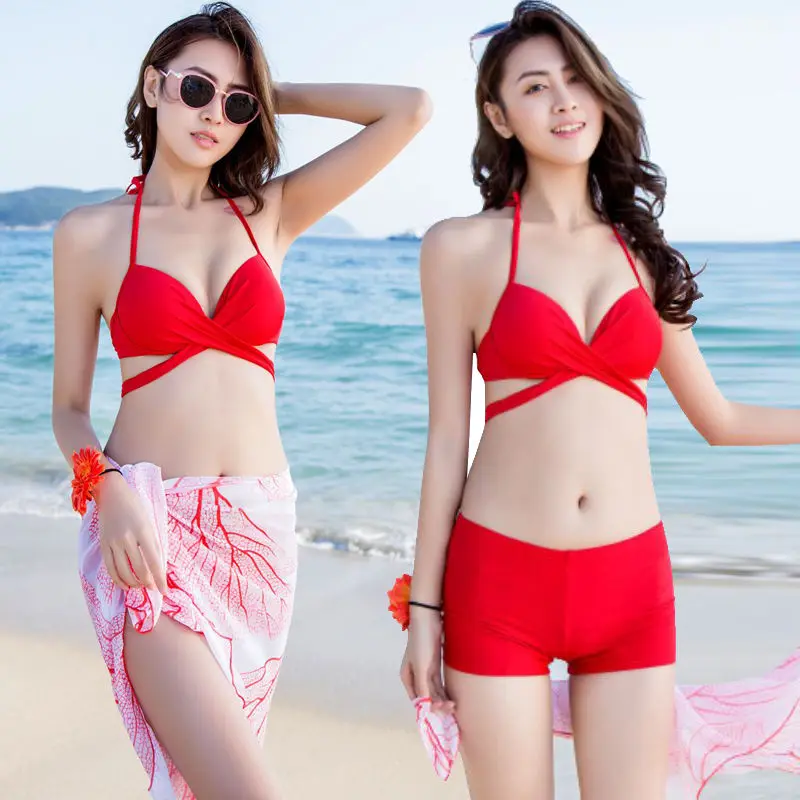 

Spice Girls Bikini Sexy South Korean New High end Small Chest Gathering Outerwear Set with Hot Spring Swimming Suit Red Black