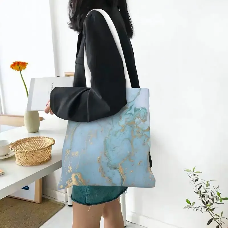 Fashion Printed Marble Pattern Shopping Tote Bag Washable Canvas Shopper Shoulder Blue And Gold Handbag