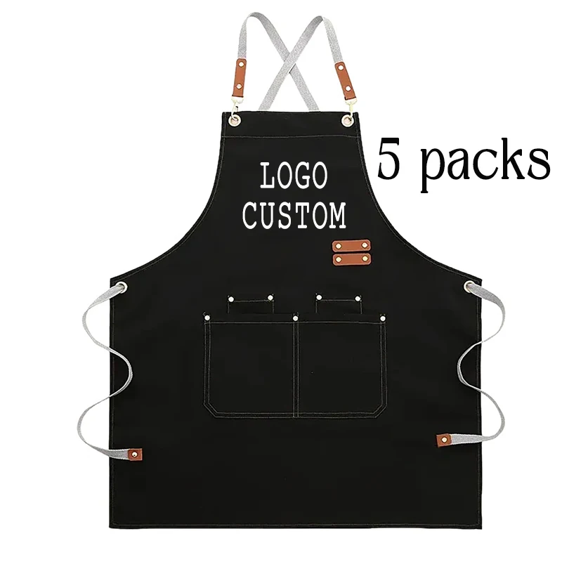 

Necessary Kitchen Apron Custom Logo 5Pcs Functional Apron Professional Daily Apron Canvas Apron With Cross Back Straps 4 Pockets