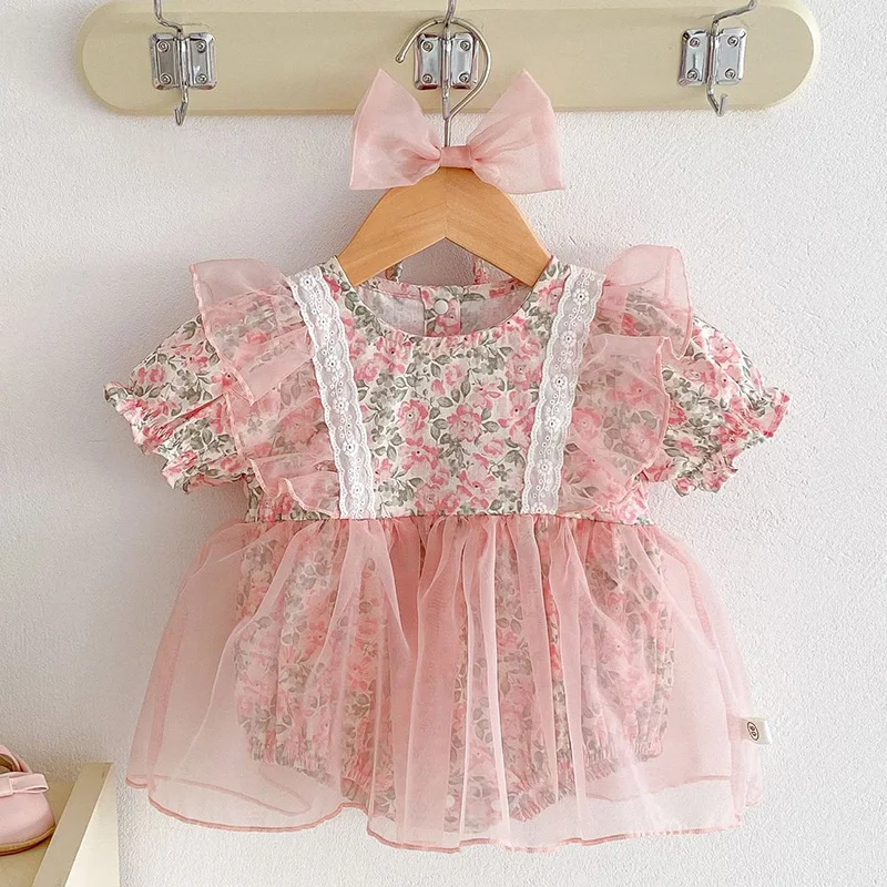 

2024 New Summer Infant Baby Girl Bodysuits Short Sleeved Cotton Print Mesh Splicing Toddler Baby Girls Jumpsuit Baby Clothes