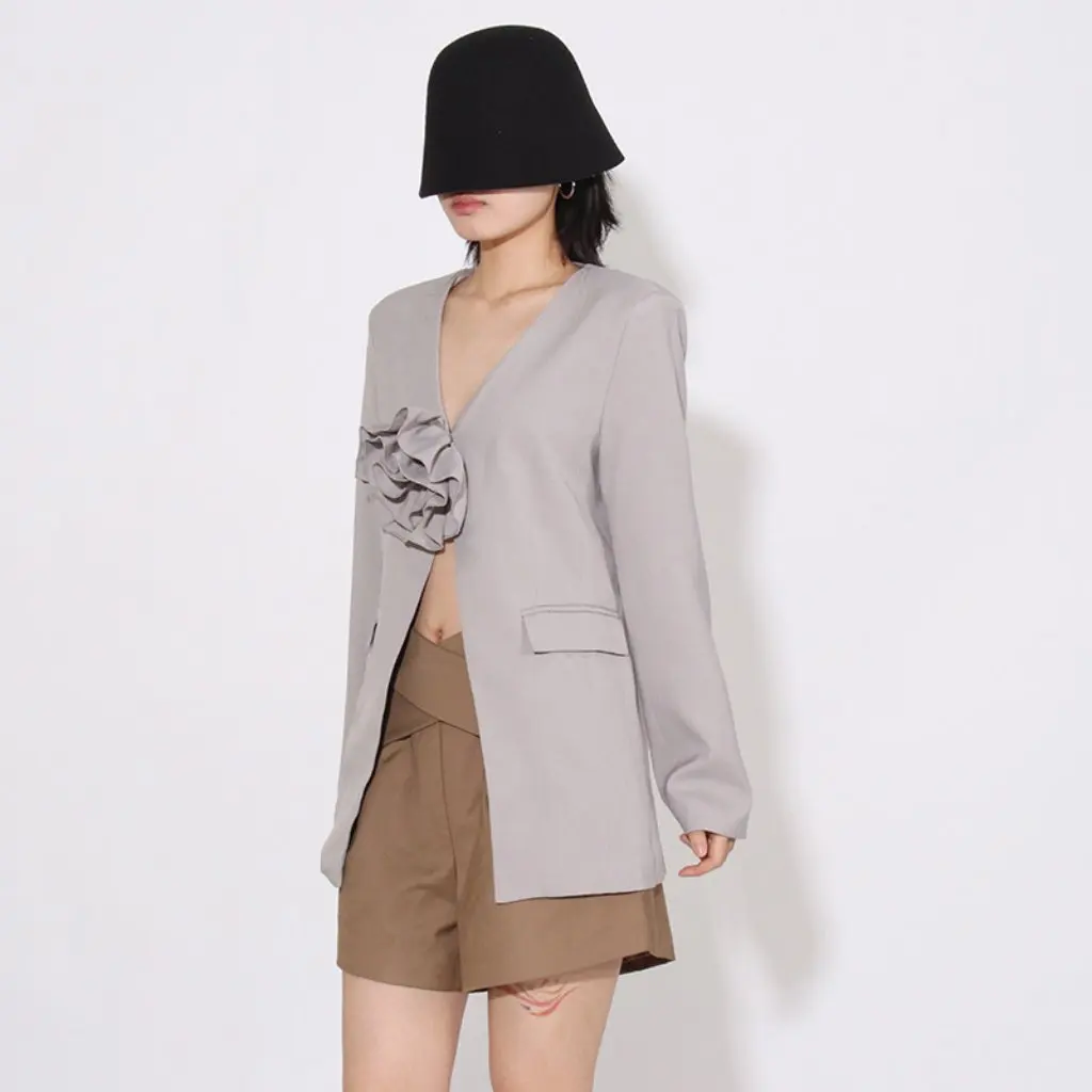 

Women's Temperament High-End Cardigan Suit Jacket Autumn Splicing Stereo Flower Design Top for Business Casual Wear