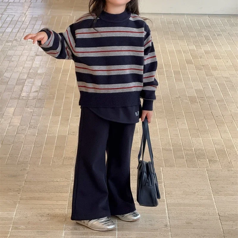 

Girls Suit 2025 Autumn and Winter New Childrens Clothing Korean Girl Baby Round Collar Striped Sweater Skirt Pants Two Sets