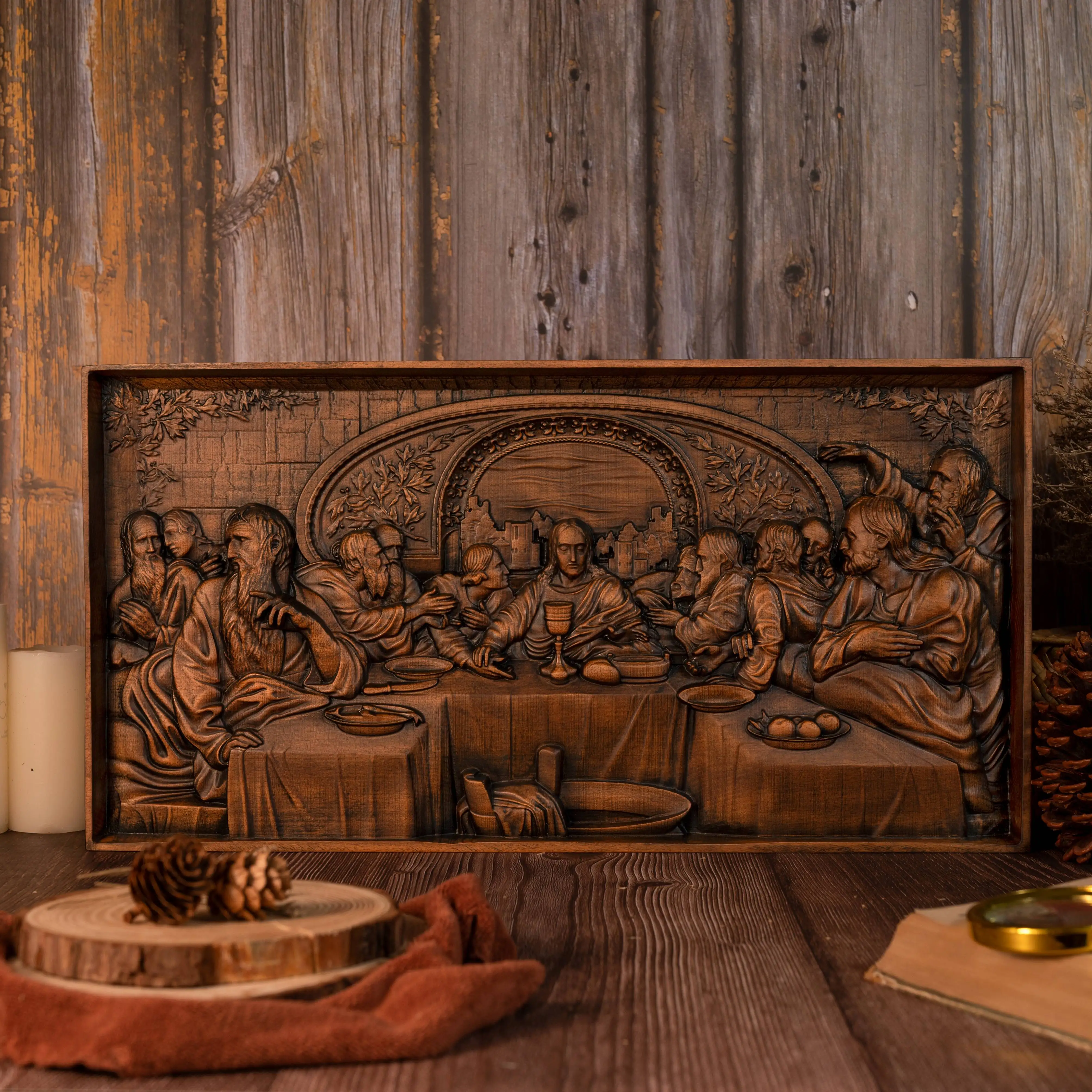 Hand-Carved Vintage The Last Supper Wood Relief Plaque Jesus Twelve Apostles Engraved Wooden Wall Art Religious Scripture Decor