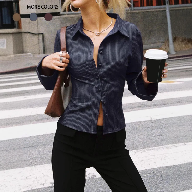 Camisa con botones y cuello de solapa para mujer - Blusa ajustada de manga larga a rayas para oficina y estilo casual