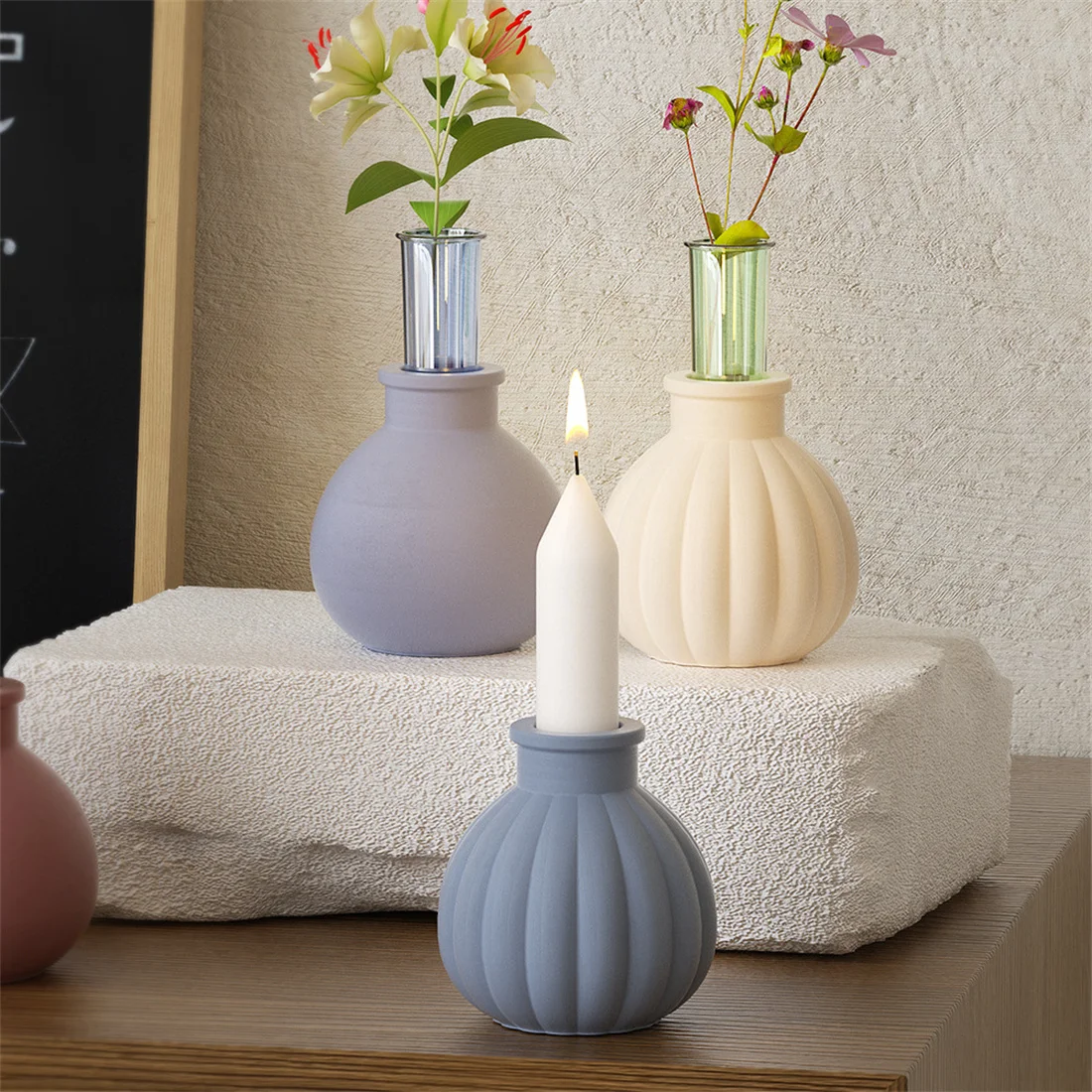 

DIY Crystal Drip Resin Vase Mould Striped/Glossy Plaster Lace Round Mouth Candle Holder Mould Flower Vase Mould Desktop Decor