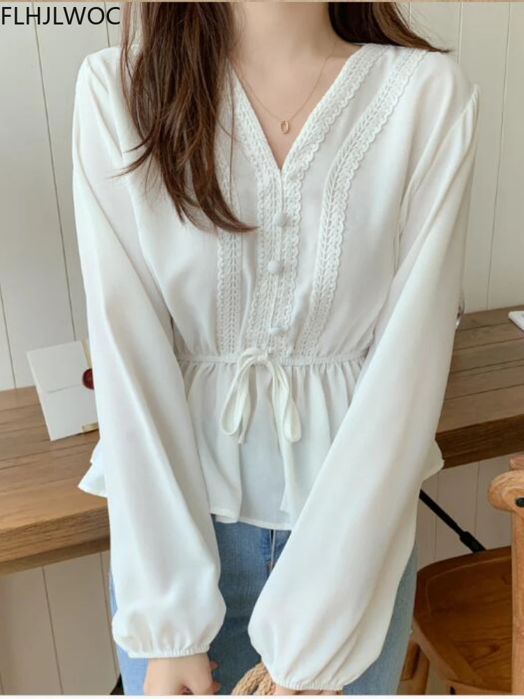 Fall Slim Waist Peplum Top Hot Sales Woman Korea Japan Preppy Style Girls V Neck Cute Sweet Button Shirt Blouse White Black 8806