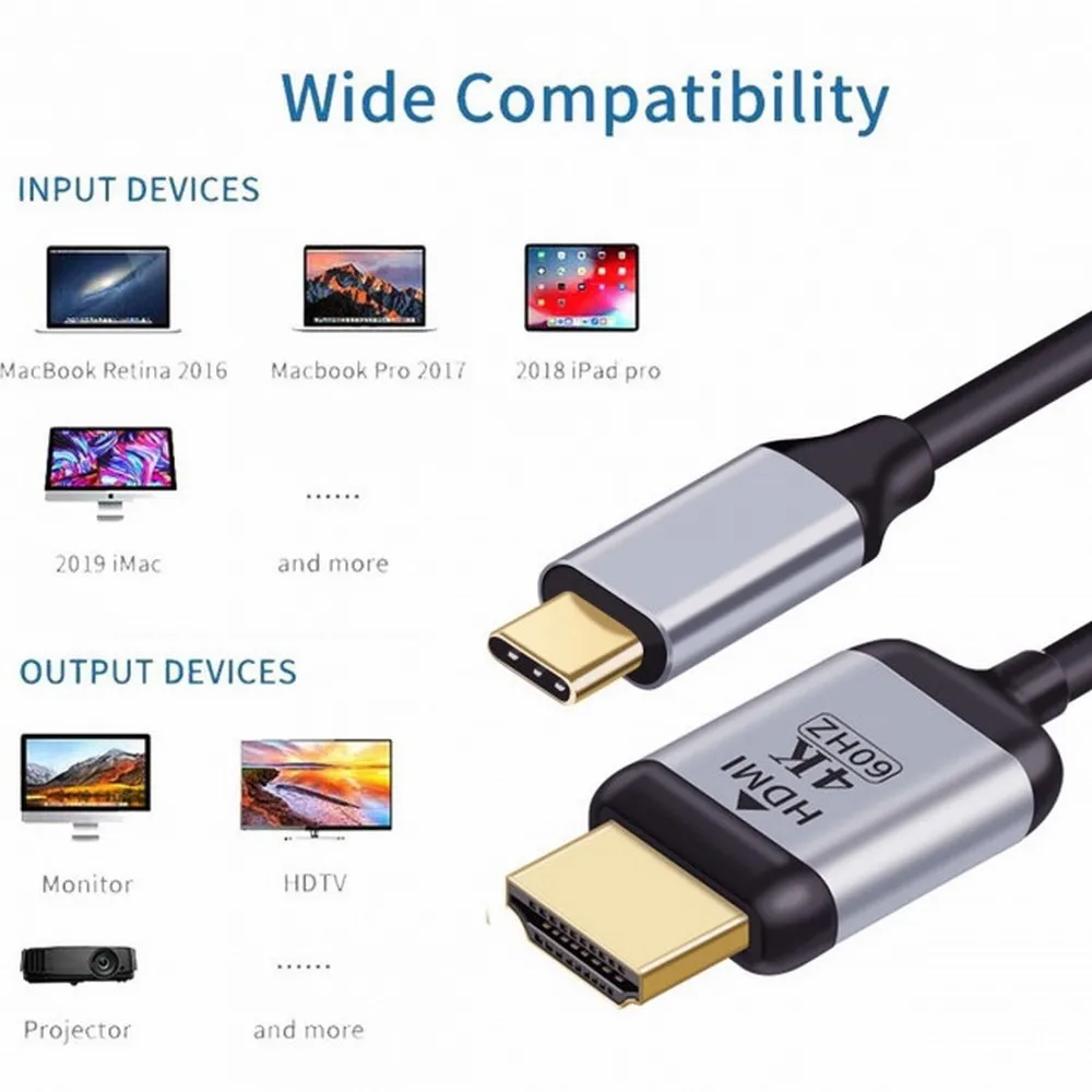 Cable USB-C a HDMI de 1,8 m/5,9 pies, fuente USB 3.1 tipo C USB-C a HDMI 4K @ 60HZ, pantallas HDTV macho a macho para ordenador portátil