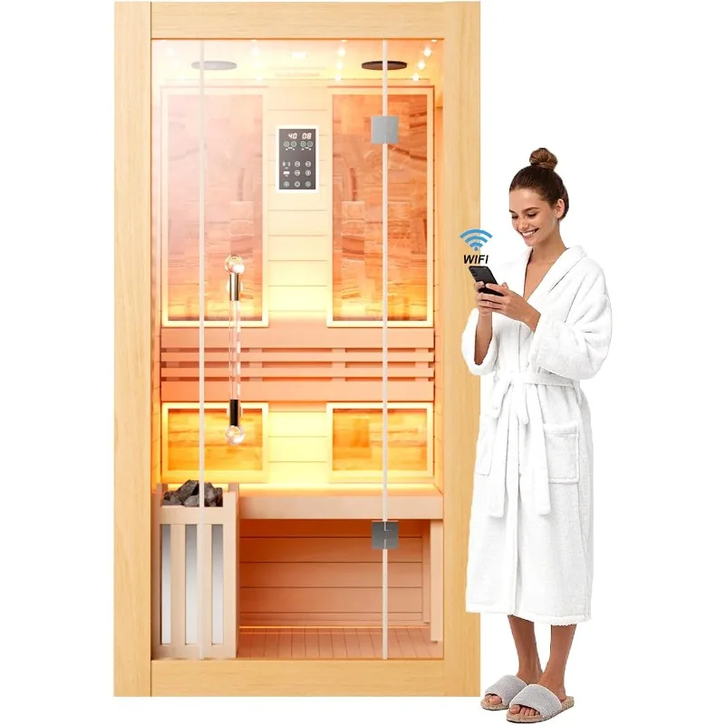 

Wood Home Steam Sauna WiFi Control 1 Person Canadian Hemlock Traditional Luxurious Wooden Indoor Spa Room with 3.5 kw Heater