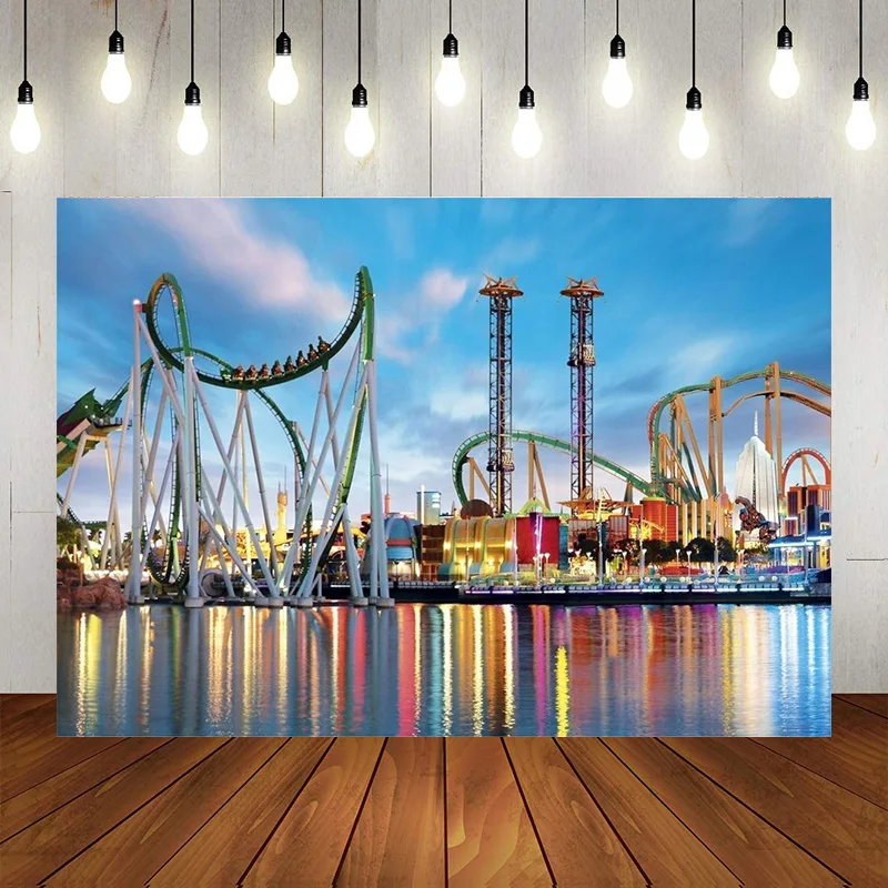 Water Park Backdrop Colorful Water Park Roller Coaster Birthday Travel Gathering Photographic Background Decoration Banner