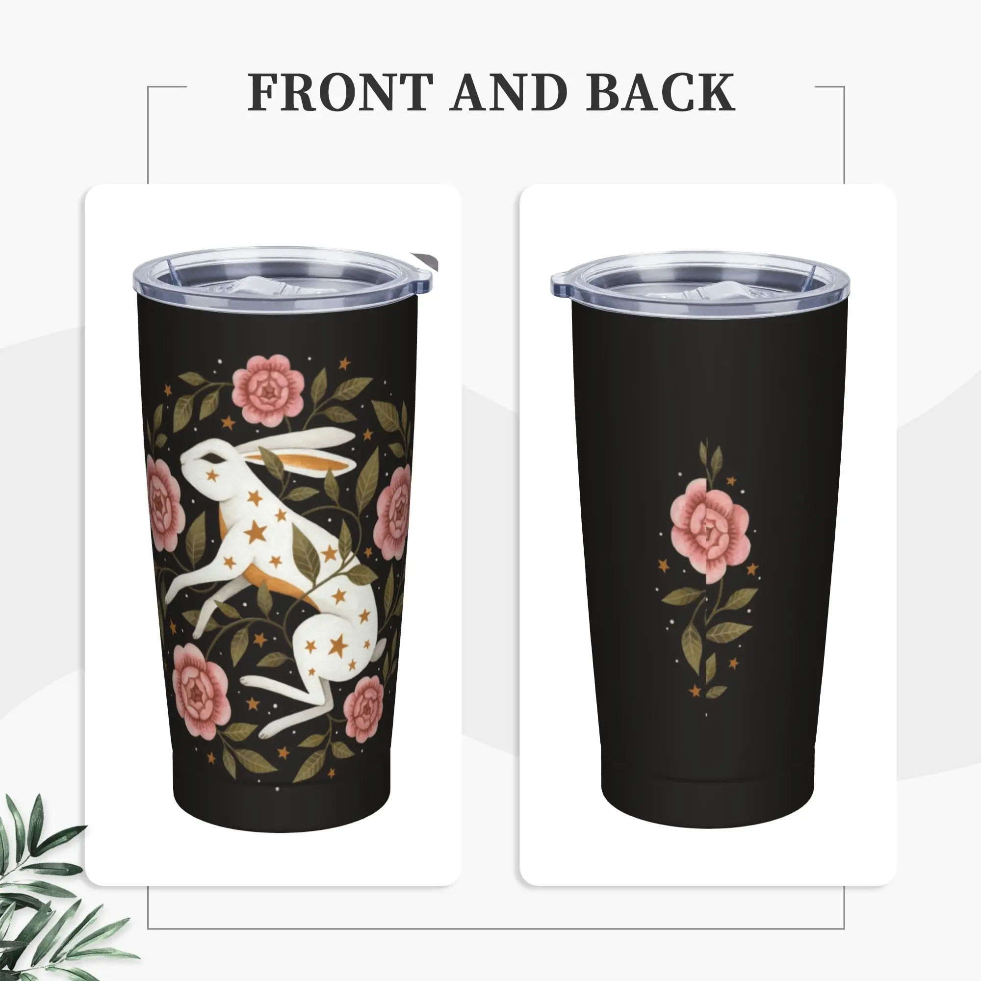 Entangled Floor Insulated Tumbler with Straws Lid Lovely Rabbit Bunny Cartoon Print Vacuum Thermal Mug Home Car Bottle Cup, 20oz