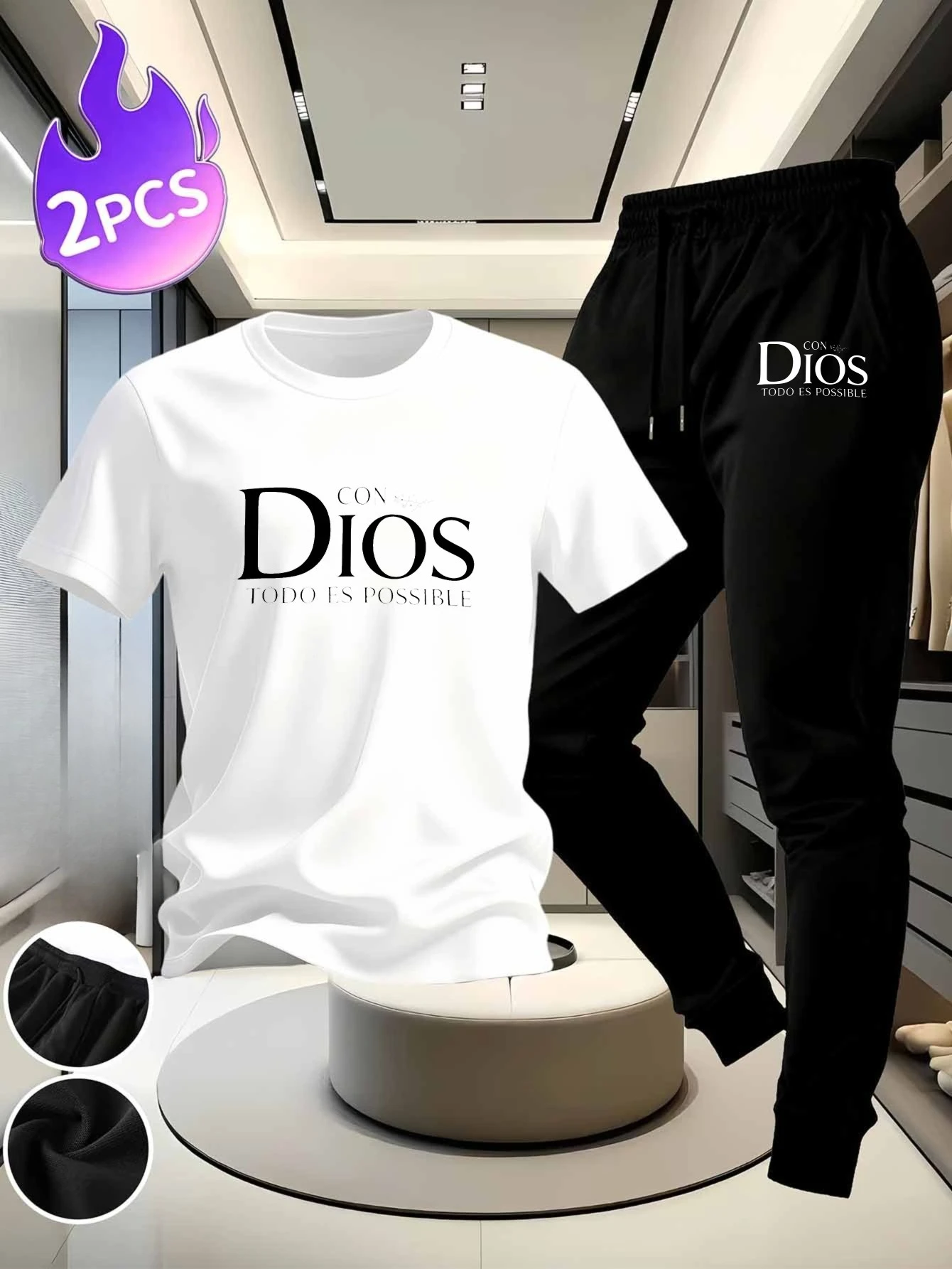 

Unisex 2-Piece Set High-Quality Comfortable Pure Cotton Short Sleeve T-Shirt with Long Pants White & Black Printed with "todo es