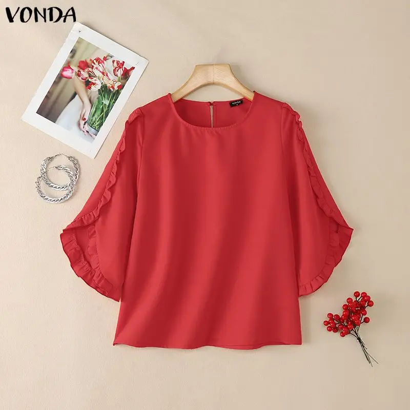 

Women Tops VONDA Elegant Blouse 3/4 Flare Sleeve Shirts 2026 Fashion Casual Solid Tunic Summer Work Blusas Clothing Streetwear