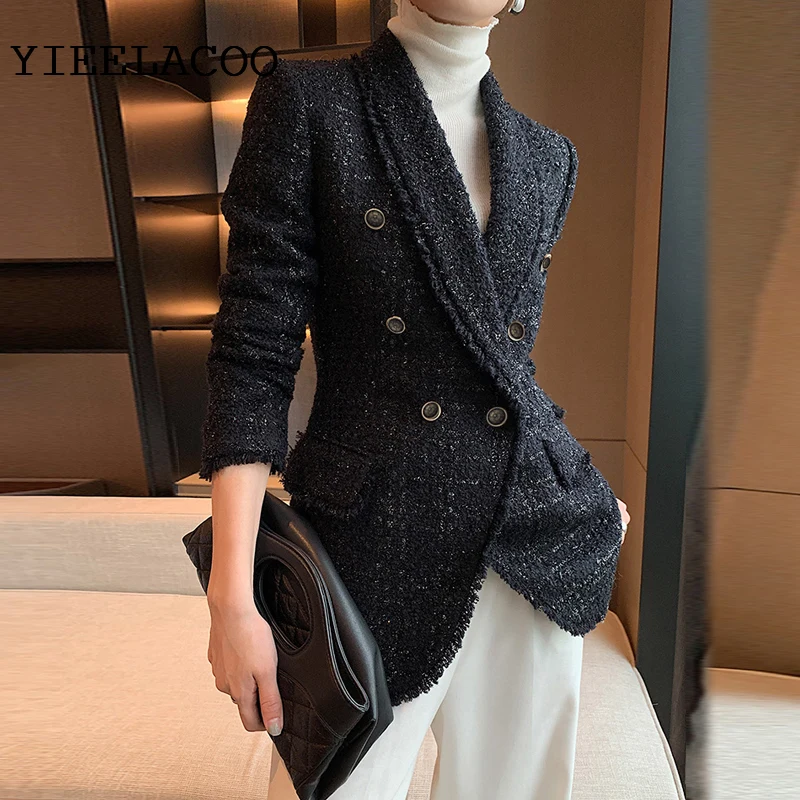 Black  tweed jacket Women's Spring/Autumn Coat New Style Elegant All-match Long Sleeve Outdoor Coat One-Piece