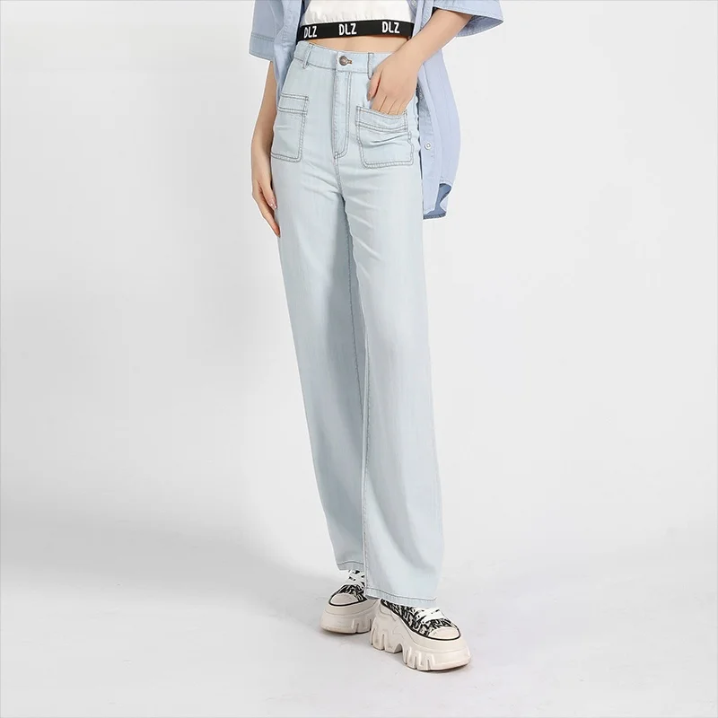 

Летние новые тонкие джинсы Dailanzhi с высокой талией из шелковистого денима, женские, прямые, универсальные, с эффектом похудения, легкие и прохладные