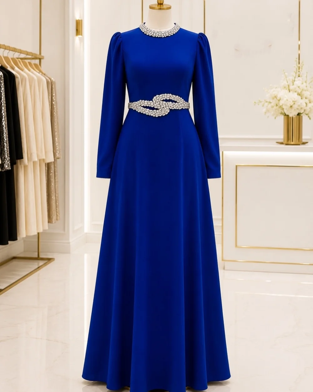 Customized Blue Exquisite Sizes Available Jersey Crystal A-line High Collar Floor-Length Evening Dresses For Birthday Party