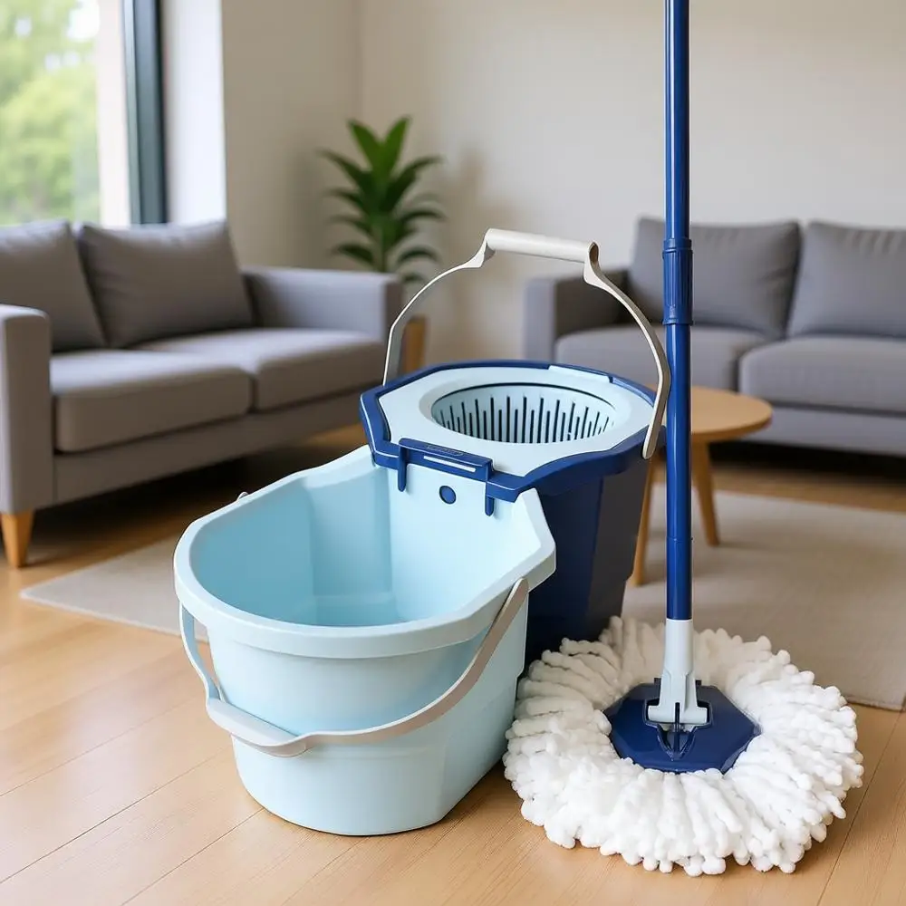 

Швабра из микрофибры Clean Water с системой из 2 ведер, набор для уборки: швабра и ведро, сине-белый