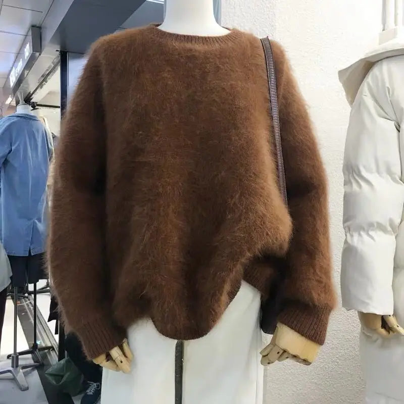 Moda coreana autunno inverno solido visone Cashmere Pullover per le donne O collo manica lunga Mohair maglia morbido caldo maglioni sciolti