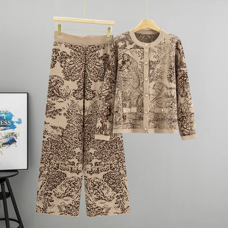 Temperament Jacquard Landscape Painting Fashion Knitted Set Women's Autumn/Winter New Cardigan Sweater Two-piece Set