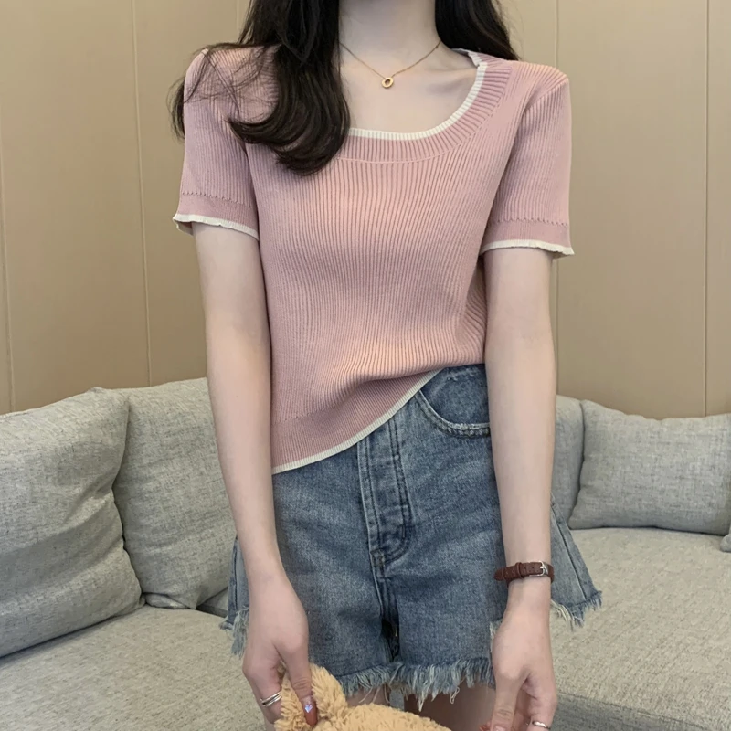 Women's T-shirt Knitted Round Neck Short Sleeved T-shirt Slim Fitting Solid Color Versatile Fashion Casual 2024 Summer