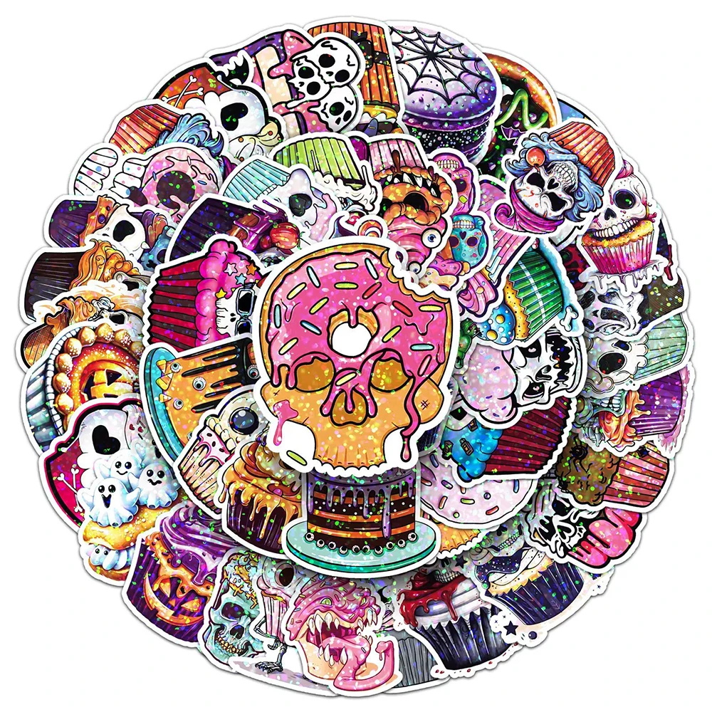 

10/30/50pcs Pink Skull Cake Halloween Laser Stickers Cute Creative Graffiti Sticker Fridge Phone Notebook Cartoon Decals Packing