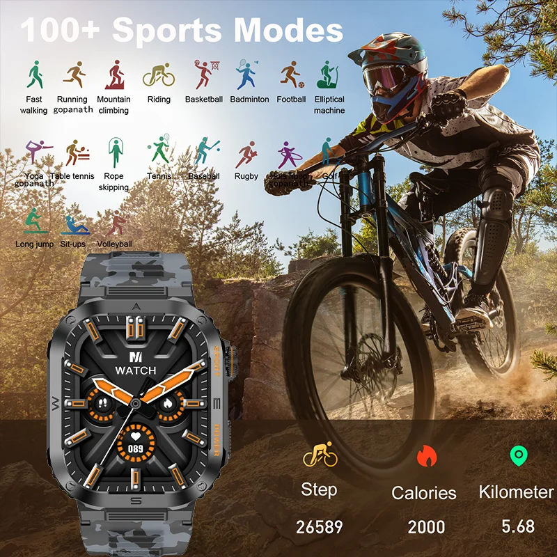 Montre intelligente militaire robuste pour homme, étanche IP68, détection de fréquence cardiaque, appel Bluetooth, montre intelligente de sport pour