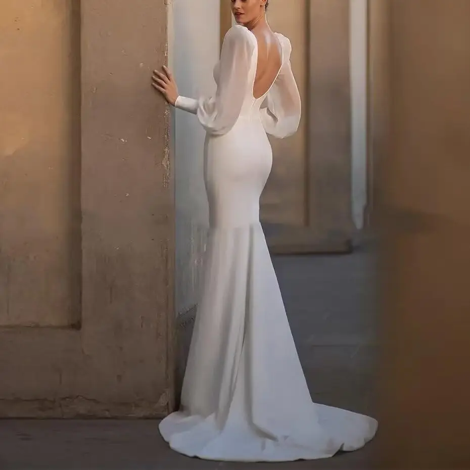 فستان زفاف أنيق حورية البحر فستان زفاف برقبة على شكل V وأكمام منتفخة كاملة مطرز بالخرز مفتوح الظهر من الساتان فساتين العروس رداء Mariage #3