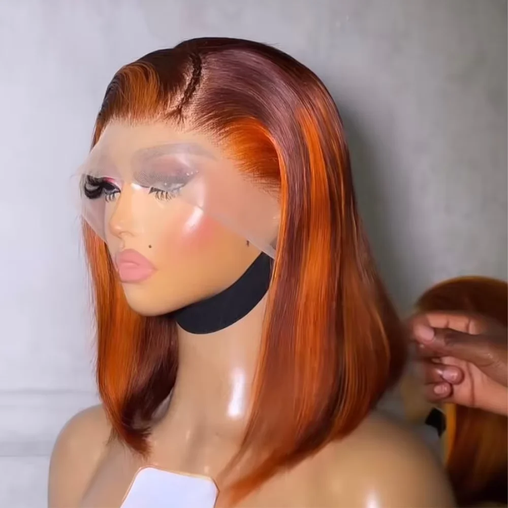Peluca Bob corta recta naranja jengibre de 200% de densidad, peluca Frontal de encaje 13x4 de Color naranja jengibre resaltado sedoso, pelucas de cabello humano 100%