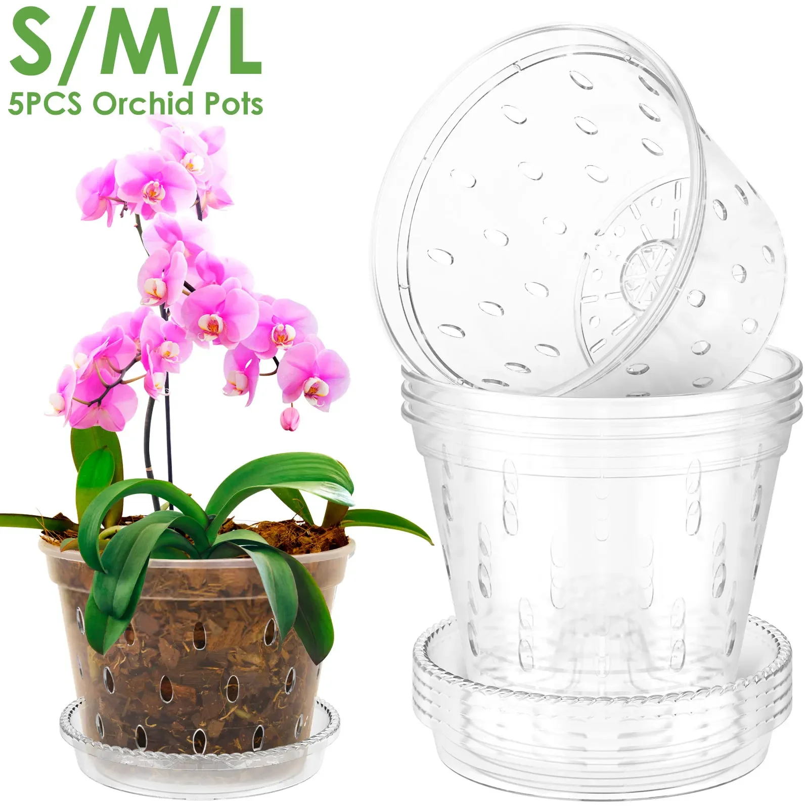 

5Pcs Plastic Orchid Pot 4/5/6inch Transparent Slotted Orchid Pots with Holes and Saucers Breathable Flower Plant Pot for Nursery