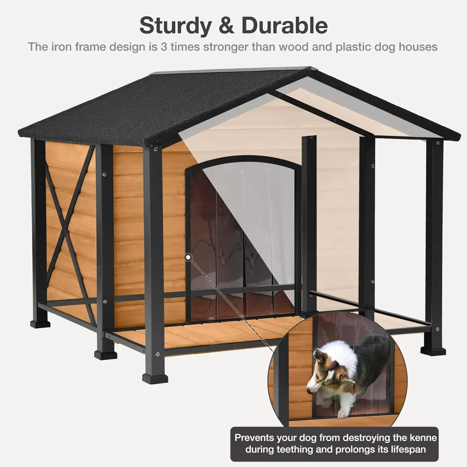 Insulated Dog House Outdoor - Large All-Around Iron Frame - Fir Wood Construction and Weatherproof- Ideal for All Dog Breeds