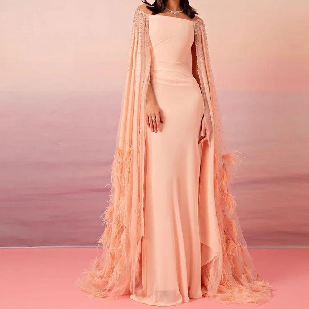 

Customized Exquisite Crystal Feathers Off the Shoulder Chiffon Evening Dress Modern Boat Neck Long Sleeves Straight Bridal Party