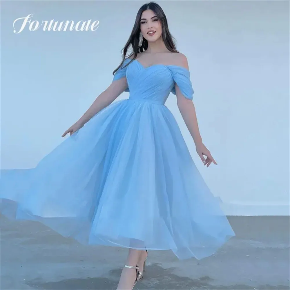 ที่กําหนดเอง Sweetheart Tulle PROM Dresses A-Line ปิดไหล่ Backless ชาความยาวการสําเร็จการศึกษาอย่างเป็นทางการ Gowns 2025