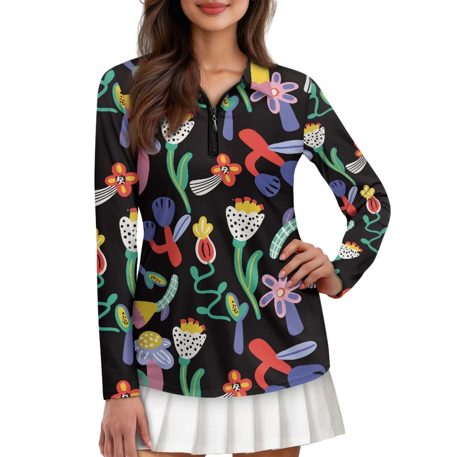 PENSTROLL Hand-Drawn Floral Womens Stretchy Women's Athletic Polo Shirt Slim Fit Golf Shirts for Workout