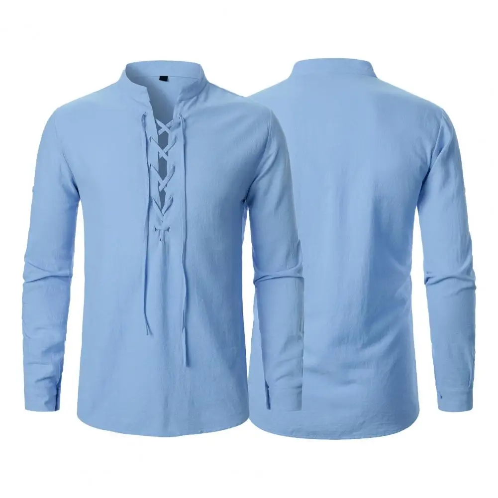 

Men Commuting Shirt Medieval-inspired Men's Shirt with Lace-up Stand Collar Cufflink Detailing for Casual Office Wear in Autumn