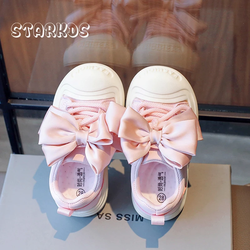 Oversize Satin Silk Bowknot Shoes Girls Brand Design Sweet Pink Chunky Sneakers Kids Round Toe Thick Sole Casual Travel Zapatos