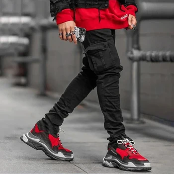 Men Street Elastic Denim Jeans Wash Solid Color Multi Pockets Cargo Pants Casual Slim Fit Daily Wear Joggers Mid Waist Trousers 5