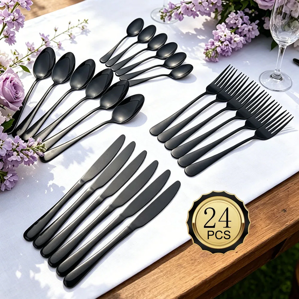 

24Pcs/Set Upscale Black Dinnerware Set Stainless Steel Tableware Knife Fork Coffee Spoon Flatware Dinner Cutlery Gift